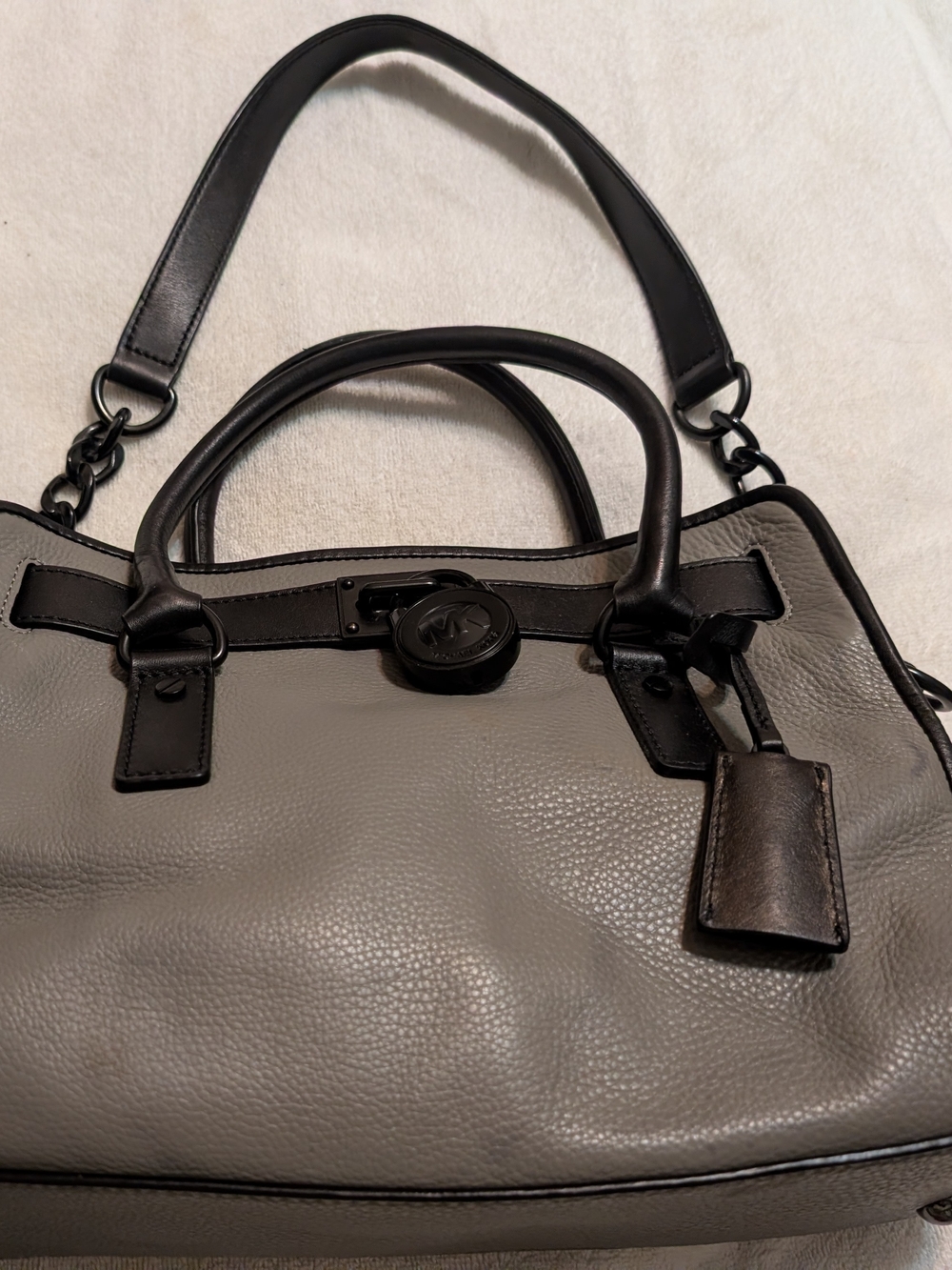 Michael Kors Gray and Black Leather Satchel with MK Medallion